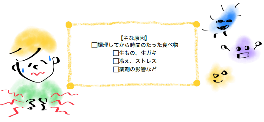 調理してから時間のたった食べ物、生もの、生ガキ、冷え、ストレス、薬剤の影響など